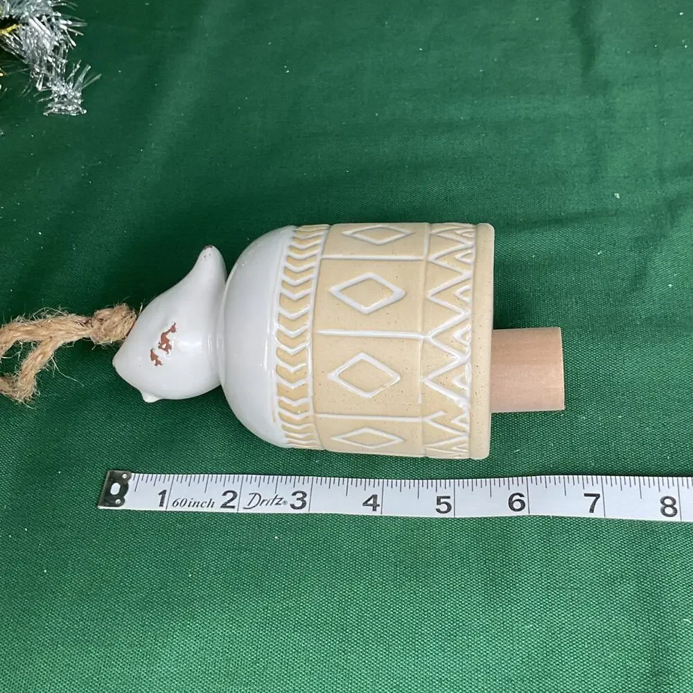 Ceramic Bird Bell Christmas Ornament - Geometric Pattern Rustic Glazed Decor